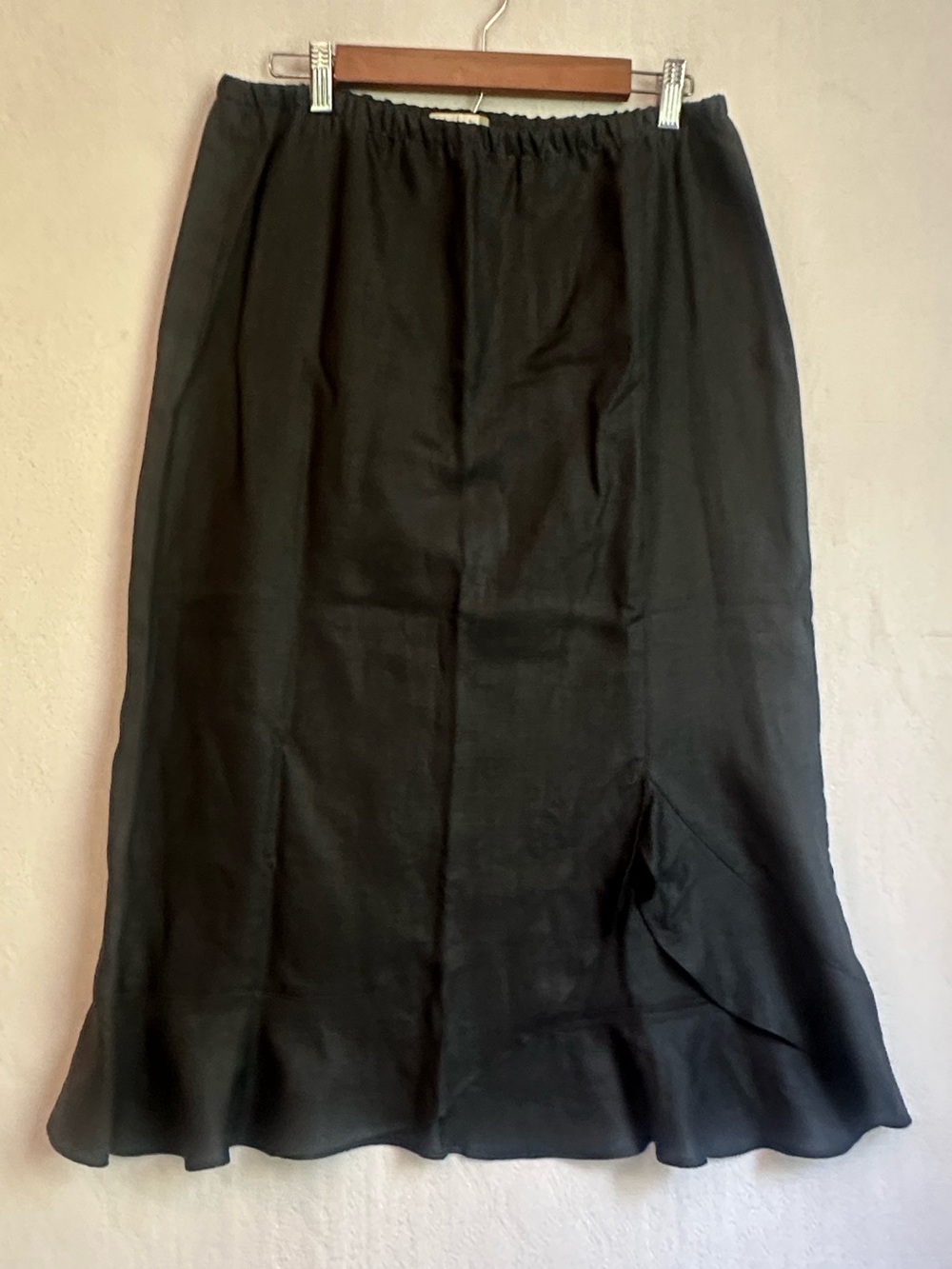 Vintage Chalet Linen Black Women's Midi Skirt Sz M Side Hem Made In USA